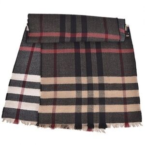 BURBERRY Reversible Wool Plaid Scarf Beige Black Red Fringe Sz 66”x16